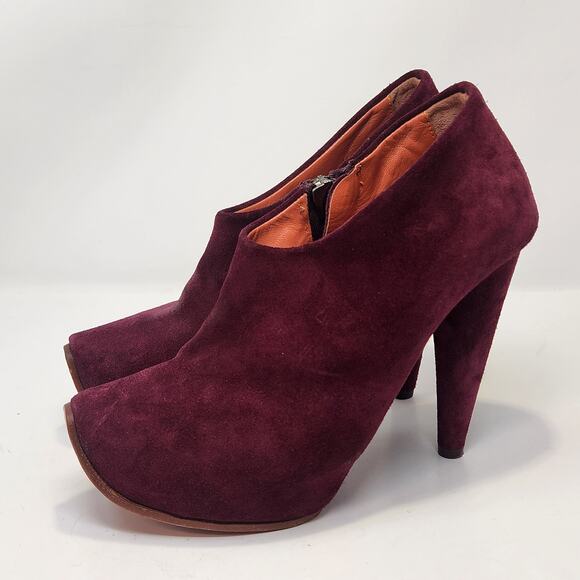 Acne Studios Burgundy Suede Ankle Heeled Booties Size 37 US 7 Zipper Platform - Picture 4 of 10